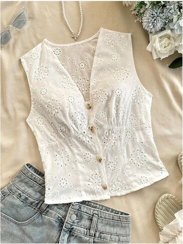 SweatyRocks Women's Eyelet Embroidery V Neck Button Down Vest Top Sleeveless Casual Dressy Blouse in Saudi Arabia