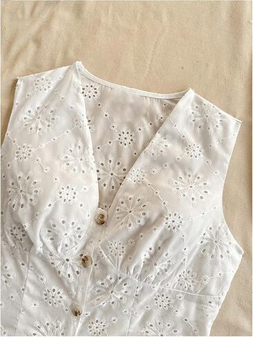 SweatyRocks Women's Eyelet Embroidery V Neck Button Down Vest Top Sleeveless Casual Dressy Blouse in Saudi Arabia