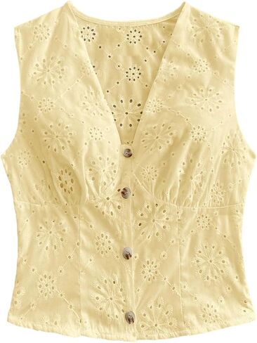 SweatyRocks Women's Eyelet Embroidery V Neck Button Down Vest Top Sleeveless Casual Dressy Blouse in Saudi Arabia