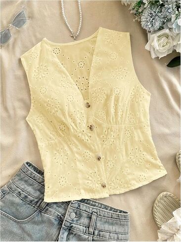 SweatyRocks Women's Eyelet Embroidery V Neck Button Down Vest Top Sleeveless Casual Dressy Blouse in Saudi Arabia