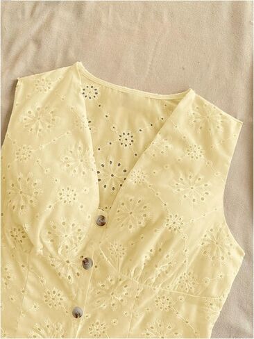 SweatyRocks Women's Eyelet Embroidery V Neck Button Down Vest Top Sleeveless Casual Dressy Blouse in Saudi Arabia