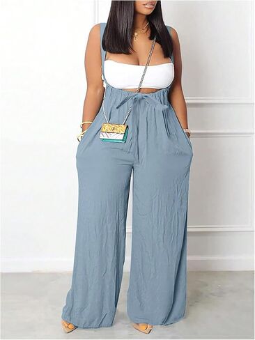 WDIRARA Women's Plus Size Tie Front Cami Jumpsuit Wide Leg Pants Romper Sexy Overalls with Pockets in Saudi Arabia