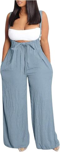 WDIRARA Women's Plus Size Tie Front Cami Jumpsuit Wide Leg Pants Romper Sexy Overalls with Pockets in Saudi Arabia