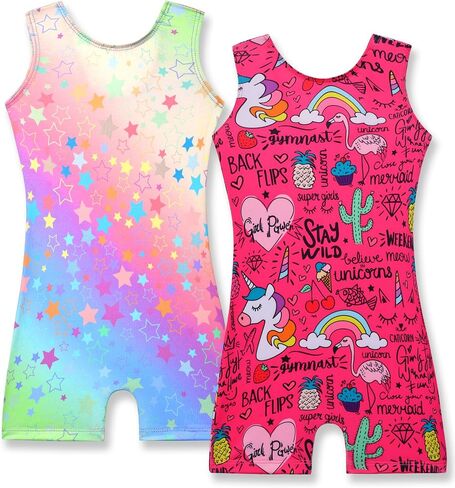 Nymphperi Girls Leotards Gymnastics 2 Pack Rainbow Star Hot Pink Unicorn Biketard for 9-10 Years Old Kids in Saudi Arabia