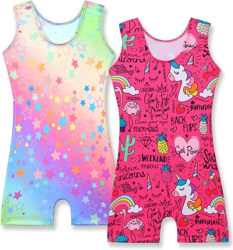 Nymphperi Girls Leotards Gymnastics 2 Pack Rainbow Star Hot Pink Unicorn Biketard for 9-10 Years Old Kids in Saudi Arabia