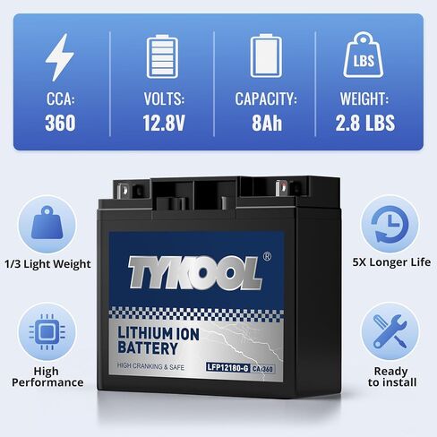 TYKOOL 12180-G LiFePO4 Lithium Generator Starting Battery, 360CCA,8Ah,Built in BMS,Compatible with portable gas generator,outdoor gas generator,Replacement for lead acid battery 12v18AH in Kuwait