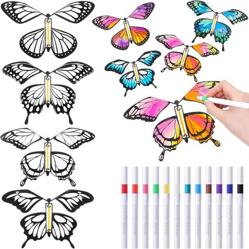44 Pcs Flying Butterfly Craft Kit with 32 Wind up Butterflies and 12 Color Pens People Painting White Paper Butterflies DIY Toy for Party Game School Activity Birthday Gift (Style 2) in Saudi Arabia
