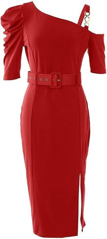 Women Sexy One Shoulder Bodycon Dress Short Sleeve Homecoming Dress Belted Side Slit Party Cocktail Dresses in Kuwait