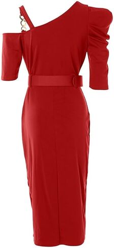 Women Sexy One Shoulder Bodycon Dress Short Sleeve Homecoming Dress Belted Side Slit Party Cocktail Dresses in Kuwait
