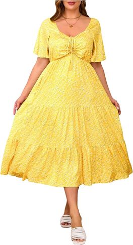 Plus Size Women's Drawstring V Neck Short Sleeve Dress Flowy Boho Party Beach Dresses Floral Maxi Dresses with Pockets in Saudi Arabia