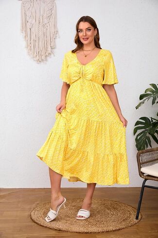 Plus Size Women's Drawstring V Neck Short Sleeve Dress Flowy Boho Party Beach Dresses Floral Maxi Dresses with Pockets in Saudi Arabia
