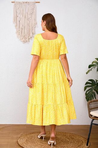 Plus Size Women's Drawstring V Neck Short Sleeve Dress Flowy Boho Party Beach Dresses Floral Maxi Dresses with Pockets in Saudi Arabia