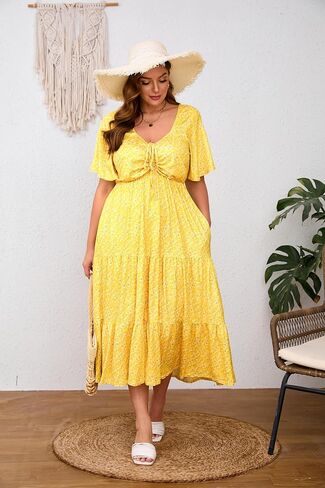 Plus Size Women's Drawstring V Neck Short Sleeve Dress Flowy Boho Party Beach Dresses Floral Maxi Dresses with Pockets in Saudi Arabia