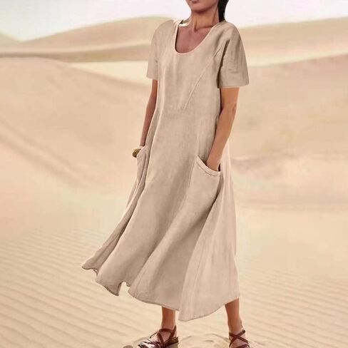 نساء من الكتان القطن الفستان ماكسي مع جيب ، صيف بوهو ، فساتين شاطئية غير رسمية in Kuwait