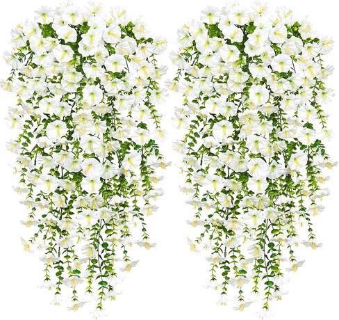 TOCHGREEN Artificial Fake Hanging Flowers Plants for Outdoor Decoration 2PCS Faux Silk Morning Glory Flowers UV Resistant Hanging Plants for Home Porch Patio Garden Planter Decor (White, 2PCS) in Saudi Arabia