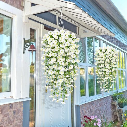 TOCHGREEN Artificial Fake Hanging Flowers Plants for Outdoor Decoration 2PCS Faux Silk Morning Glory Flowers UV Resistant Hanging Plants for Home Porch Patio Garden Planter Decor (White, 2PCS) in Saudi Arabia