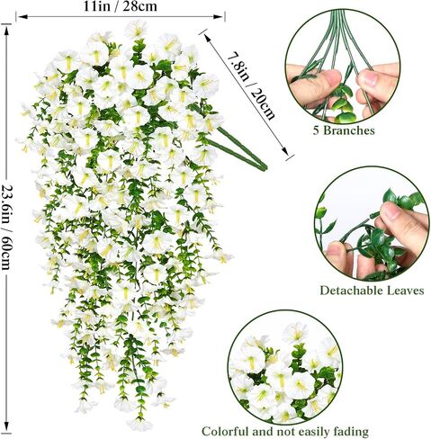 TOCHGREEN Artificial Fake Hanging Flowers Plants for Outdoor Decoration 2PCS Faux Silk Morning Glory Flowers UV Resistant Hanging Plants for Home Porch Patio Garden Planter Decor (White, 2PCS) in Saudi Arabia