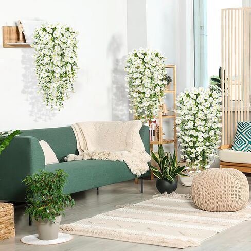 TOCHGREEN Artificial Fake Hanging Flowers Plants for Outdoor Decoration 2PCS Faux Silk Morning Glory Flowers UV Resistant Hanging Plants for Home Porch Patio Garden Planter Decor (White, 2PCS) in Saudi Arabia