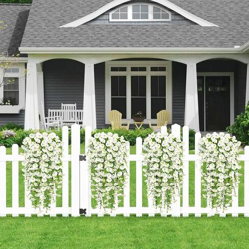 TOCHGREEN Artificial Fake Hanging Flowers Plants for Outdoor Decoration 2PCS Faux Silk Morning Glory Flowers UV Resistant Hanging Plants for Home Porch Patio Garden Planter Decor (White, 2PCS) in Saudi Arabia