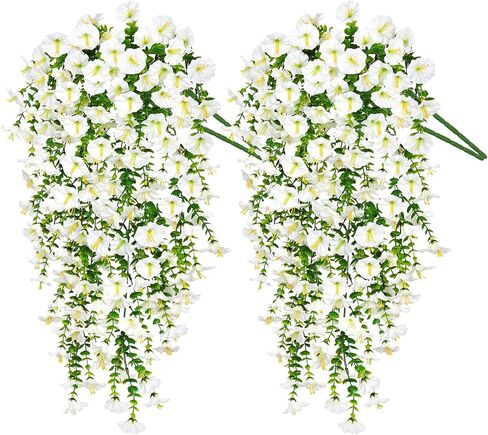 TOCHGREEN Artificial Fake Hanging Flowers Plants for Outdoor Decoration 2PCS Faux Silk Morning Glory Flowers UV Resistant Hanging Plants for Home Porch Patio Garden Planter Decor (White, 2PCS) in Saudi Arabia