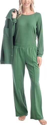 MUK LUKS Quilted Shacket 3 Piece Lounge Set, Long Sleeve T-Shirt, Pajama Pants with Pockets, Matching Jacket in Saudi Arabia