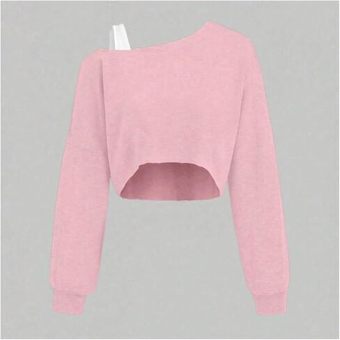 Verdusa Girl's Lightweight Y2k Off The Shoulder Crop Tops Asymmetrical Neck Fall Athletic Sweatshirts in Saudi Arabia