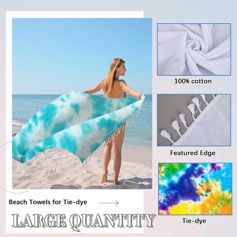 Zoooyawn 4 Pcs Turkish Beach Towels for Tie Dye Kit 71 x 43 Inch Oversized White Beach Towel Bulk Bath Pool Blanket with Disposable Gloves, Rubber Bands, Sealable Bags for Group DIY Project in Kuwait