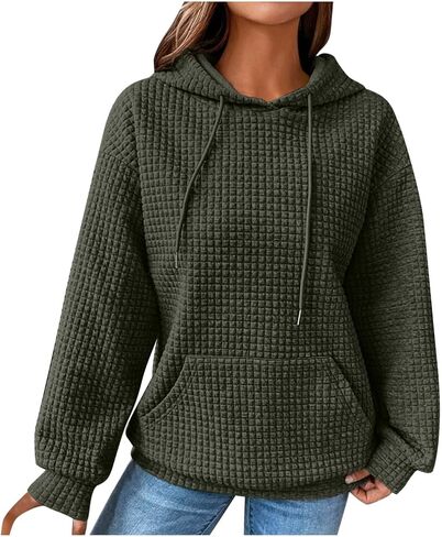 Hoodies for Women Long Sleeve Waffle Sweaters Drawstring Hooded Sweatshirts with Pocket Fall Fashion 2025 in Saudi Arabia