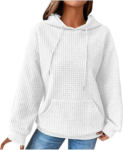 Hoodies for Women Long Sleeve Waffle Sweaters Drawstring Hooded Sweatshirts with Pocket Fall Fashion 2025 in Saudi Arabia