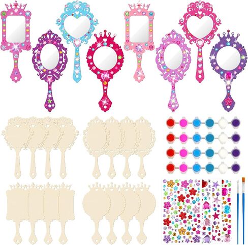 Juexica 36 Sets Wooden Mirror Craft for Girls DIY Decorate Your Own Princess Mirror Unbreakable Paint Hand Mirror for Princess Tea Party Gift for Christmas Birthday Games Art Activities Favors for Kid in Kuwait