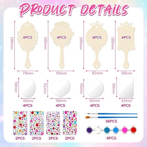 Juexica 36 Sets Wooden Mirror Craft for Girls DIY Decorate Your Own Princess Mirror Unbreakable Paint Hand Mirror for Princess Tea Party Gift for Christmas Birthday Games Art Activities Favors for Kid in Kuwait