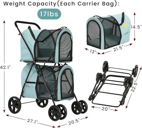 VIAGDO Dog Strollers for Small Medium Dogs, Double Cat Strollers for 2 Cats, 4-in-1 Small Doggy Pet Stroller, 2 Detachable Carriers, 4 Lockable Wheels, Pet Travel Cart, Folding Trolley, Navy Blue in Kuwait