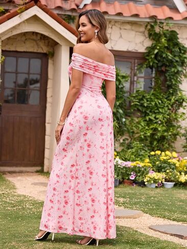 KUTUMAI Women Off Shoulder Bodycon Maxi Long Dress Mesh Ruched Elegant Formal Wedding Guest Dresses in Saudi Arabia
