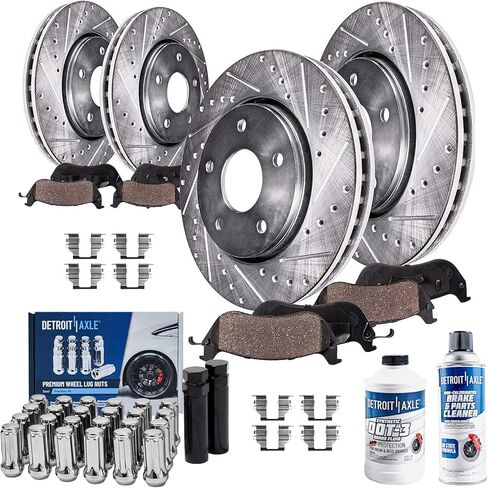 Detroit Axle - Brake Kit for 2010-2017 Chevy Equinox GMC Terrain, Front and Rear Drilled Slotted Brake Rotors Ceramic Brake Pads Wheel Lug Nuts Socket Keys 2011 2012 2013 2014 2015 2016 Replacement in Saudi Arabia