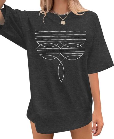 قمصان غربية للنساء بتمهيد التطريز قميص Rodeo خمر Tshirt كبير الحجم بوهو موسيقى الريف قصيرة الأكمام. in Kuwait