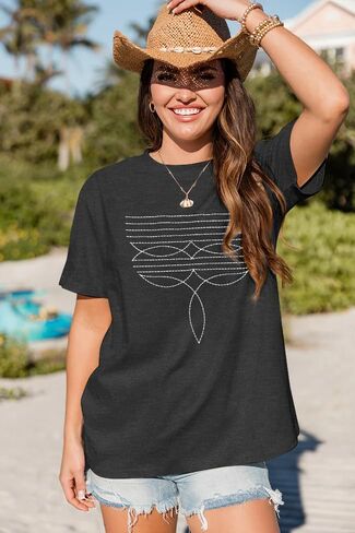 قمصان غربية للنساء بتمهيد التطريز قميص Rodeo خمر Tshirt كبير الحجم بوهو موسيقى الريف قصيرة الأكمام. in Kuwait