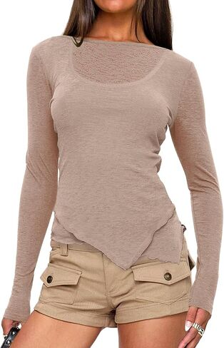 LIYOHON Women's Sexy Sheer Mesh Long Sleeve Tops Tight Fitted Casual Basic T Shirts 2025 Fall Going Out Workout Outfits in Saudi Arabia