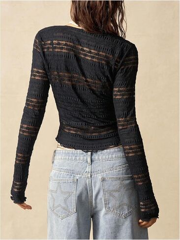 SOLY HUX Women's Button Down Lace Sheer Blouse Long Sleeve V Neck Shirt Tops Coquette Aesthetic Clothes in Saudi Arabia