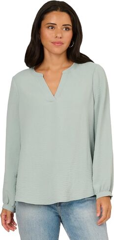 Adrianna Papell Women's V-Placket Airflow Woven Blouse with Long Sleeves in Saudi Arabia