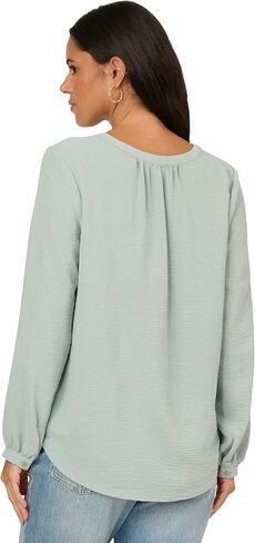 Adrianna Papell Women's V-Placket Airflow Woven Blouse with Long Sleeves in Saudi Arabia