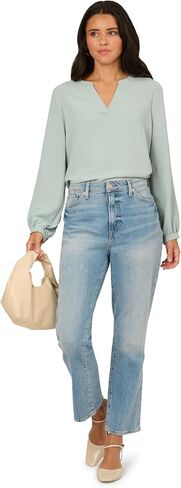 Adrianna Papell Women's V-Placket Airflow Woven Blouse with Long Sleeves in Saudi Arabia