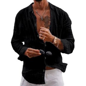 crazynekos Men's Casual Fashion Linen Long Sleeve Button Down Shirt Hawaii Beach Shirt in Kuwait
