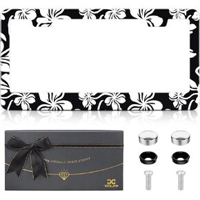 XCLPF إطار لوحة ترخيص الأزهار بالأبيض والأسود للسيارات-حامل غطاء سيارة ألومنيوم من الألومنيوم مع صندوق هدايا ، إكسسوارات آلية مقاومة للصدأ ، Universal 12x6 Inch in Kuwait