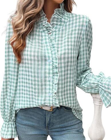 Mintlimit Womens Plaid Blouse Button Button Down Blaid Plaid Puff Long Sleeve Gingham Blouse Stirts in Kuwait