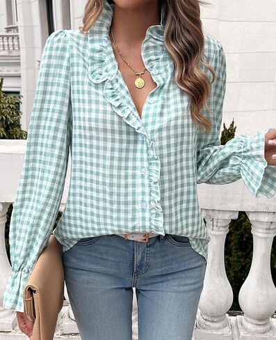 Mintlimit Womens Plaid Blouse Button Button Down Blaid Plaid Puff Long Sleeve Gingham Blouse Stirts in Kuwait