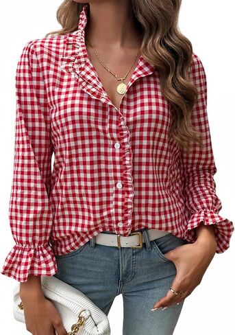 Mintlimit Womens Plaid Blouse Button Button Down Blaid Plaid Puff Long Sleeve Gingham Blouse Stirts in Kuwait