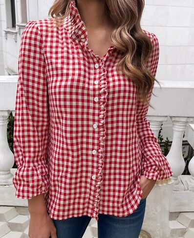 Mintlimit Womens Plaid Blouse Button Button Down Blaid Plaid Puff Long Sleeve Gingham Blouse Stirts in Kuwait