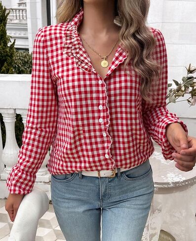 Mintlimit Womens Plaid Blouse Button Button Down Blaid Plaid Puff Long Sleeve Gingham Blouse Stirts in Kuwait