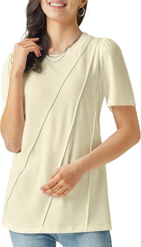 Women Short Sleeve Shirts 2025 Pleated Summer Fashion Tops Loose Fit Crew Neck Casual T-Shirts Vacation Outfits in Kuwait