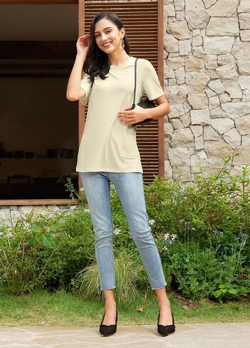 Women Short Sleeve Shirts 2025 Pleated Summer Fashion Tops Loose Fit Crew Neck Casual T-Shirts Vacation Outfits in Kuwait